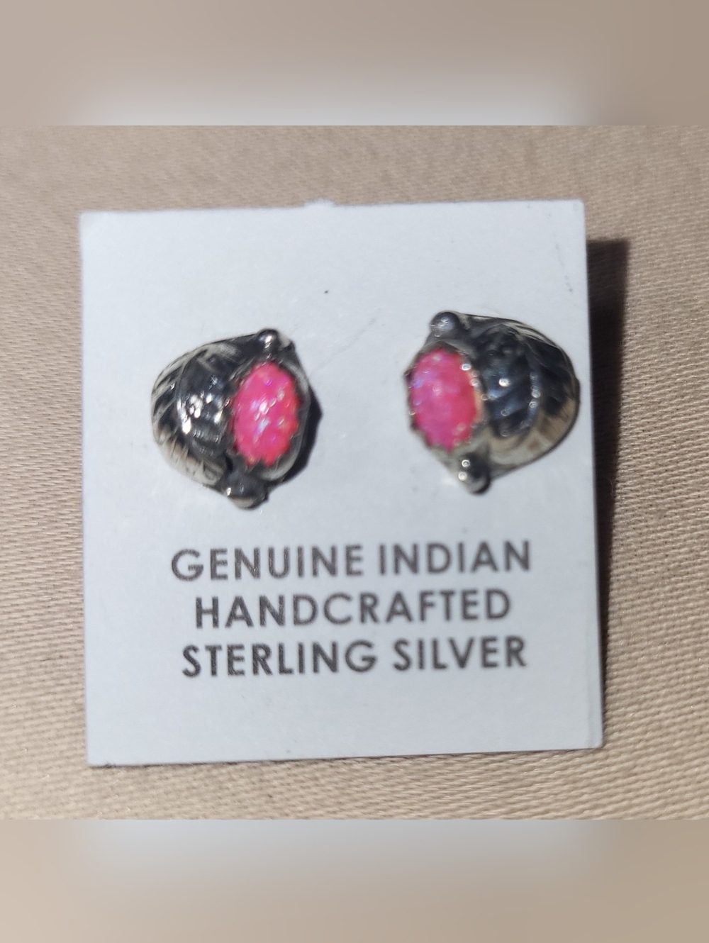 Indian Handcrafted 925 Sterling Silver And Real Pink Opal Leaf Stud Earrings